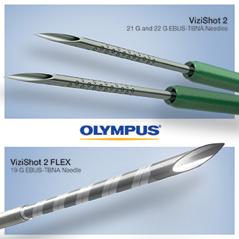 Side by side Vizishot trademark 2 needles identified as 21 G and 22 G EBUS-TBNA needles above Olympus logo and Vizishot trademark 2 flex needle below identified as 19 EBUS-TBNA needle