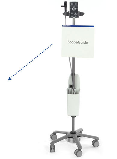 Colonoscope wheeled stand with white folder labeled Olympus ScopeGuide