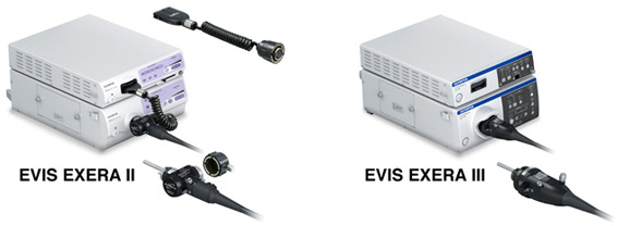 Side by side view of EVIS EXERA two trademark and three units and accessories
