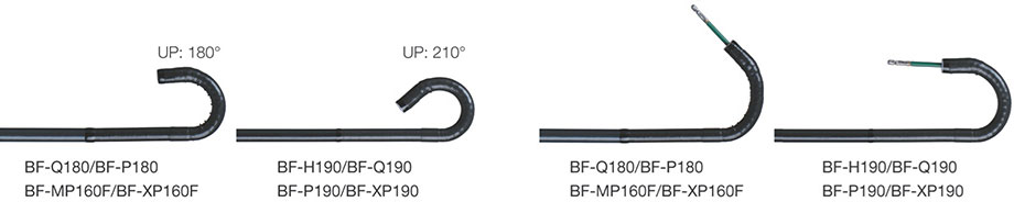 Four bronchoscopes demonstrating angulation with the 160 and 180 models going up to 180 degrees and the 190 models going up to 210 degrees