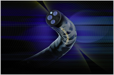 A transparent 3D rendering of the end of an endoscope showcasing optics